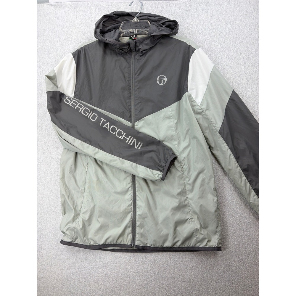 Sergio Tacchini Mens Hooded Windbreaker Jacket Grey Colorblock Size Medium